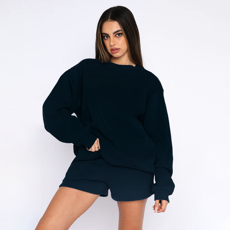 Nude Solid Color Casual Loose Pullover Hoodie Shorts Set