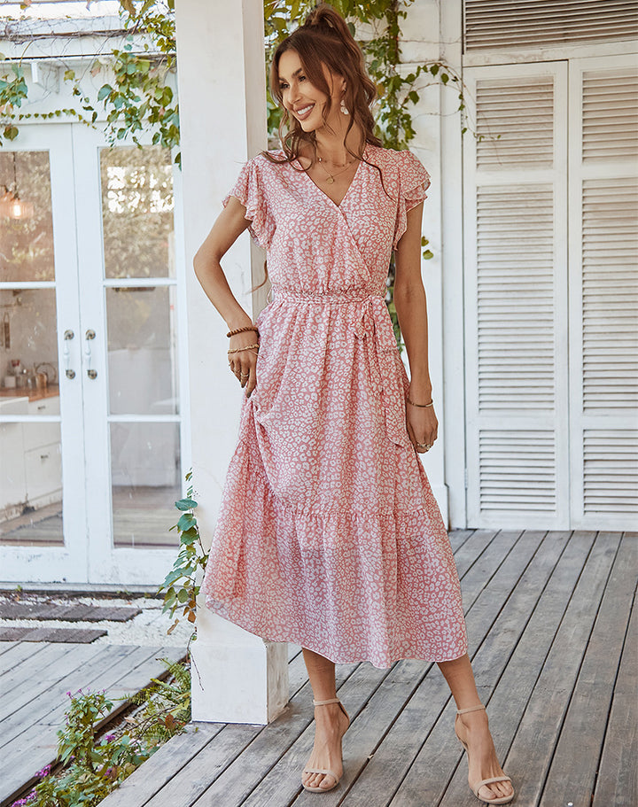 Vestido midi casual con cordones y estampado floral con cuello en V