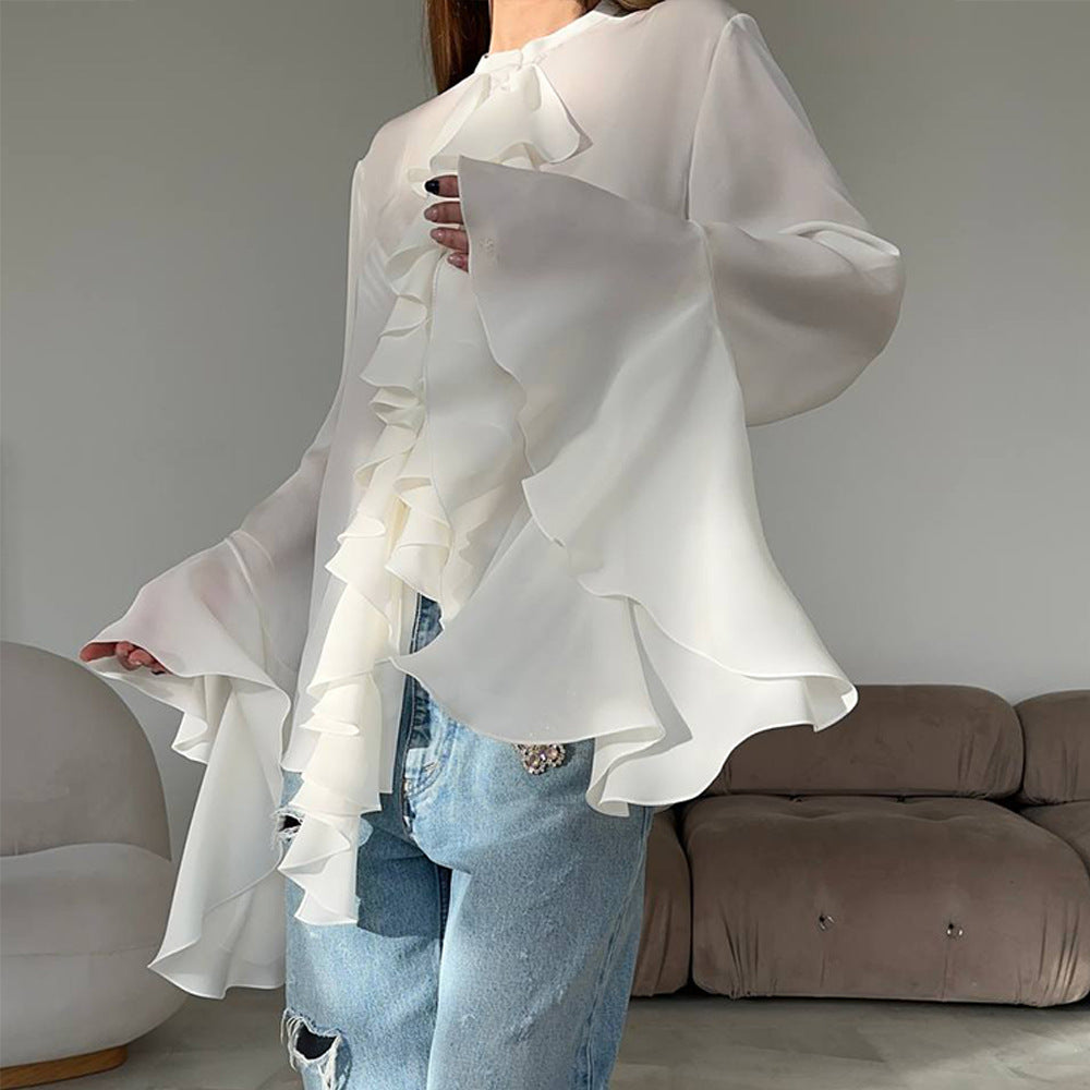 Crew Neck Bell Sleeve Sheer Chiffon Waterfall Ruffle Blouse