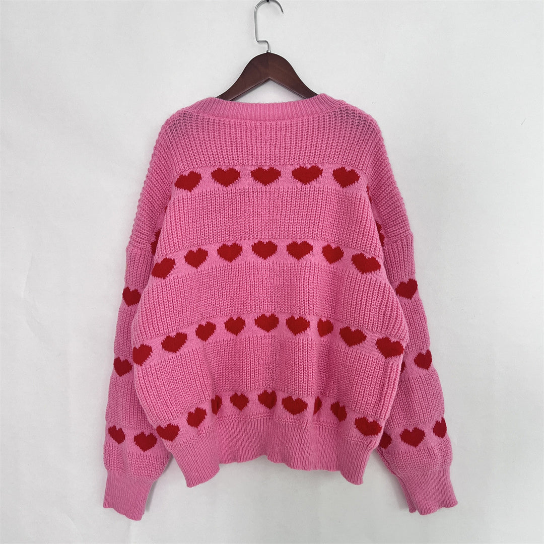 Lovey – Roter Strickpullover mit Herz-Streifen