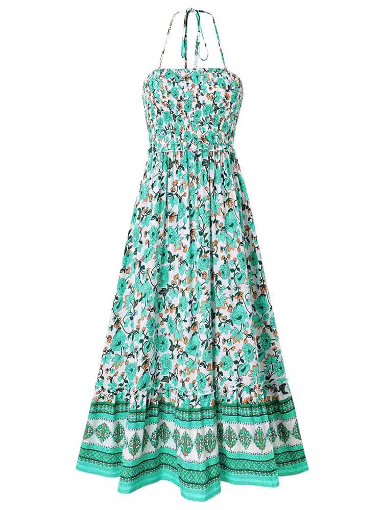 Floral Print Smocked Chest Halter Neck Midi Dress