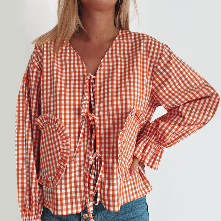 Flared Sleeve Ruffled Edge Heart-Shaped Lace-Up Plaid Shirt