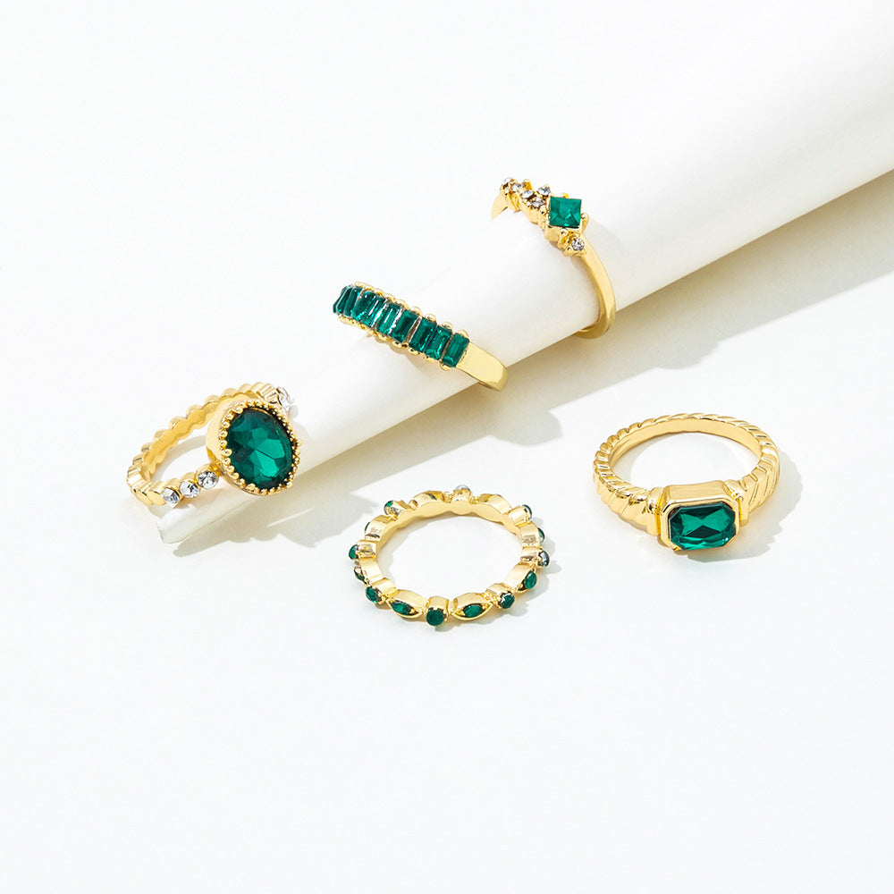 Imitation Emerald Diamond Ring Set 5 Pcs