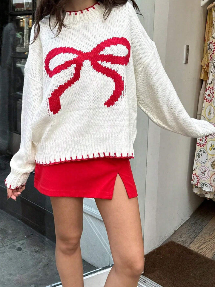 Cream Red Bow Knitted Sweater