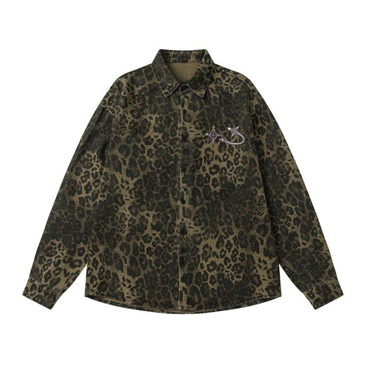 Lovers' Flat Nitar Dekorera Leopard Print Jacka