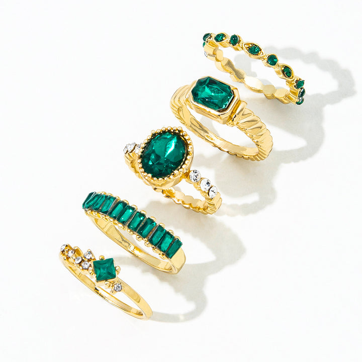 Imitation Emerald Diamond Ring Set 5 Pcs