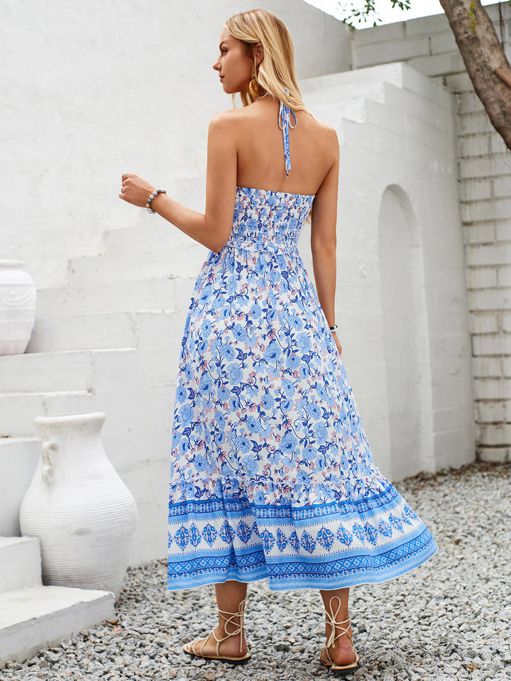 Floral Print Smocked Chest Halter Neck Midi Dress