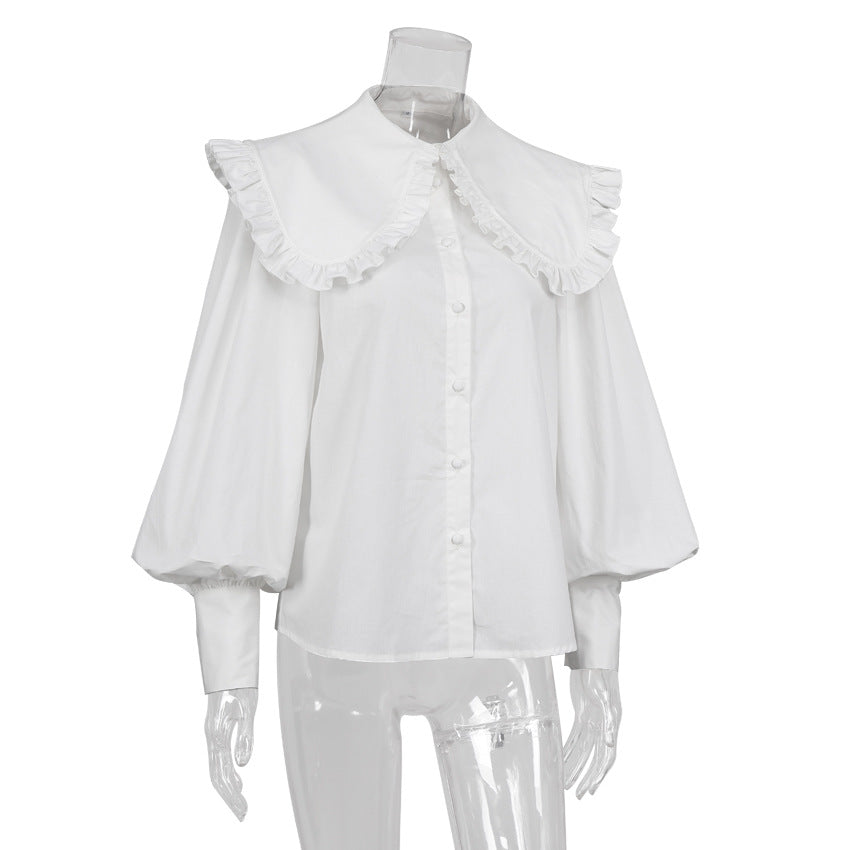 Court Style Pleated Doll Neck Cotton Shirt