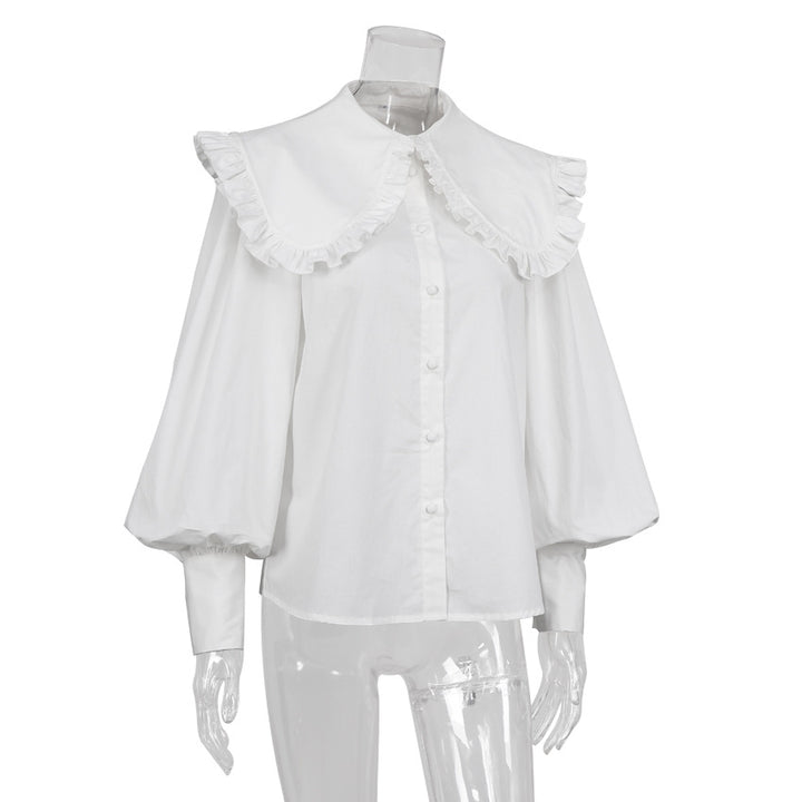 Court Style Pleated Doll Neck Cotton Shirt