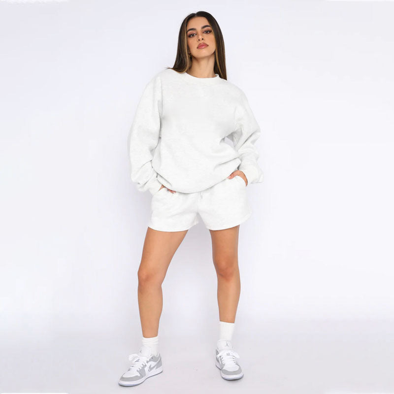 Nude Solid Color Casual Loose Pullover Hoodie Shorts Set