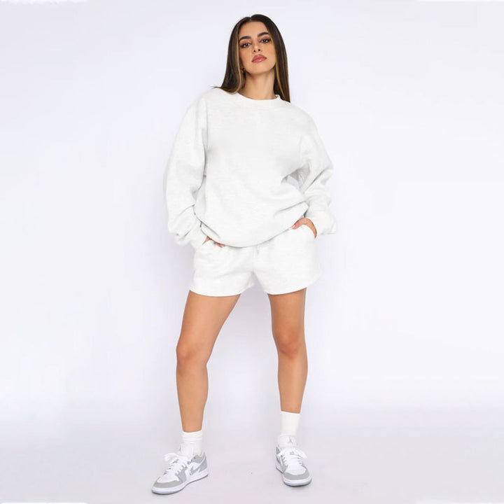 Nude Solid Color Casual Loose Pullover Hoodie Shorts Set