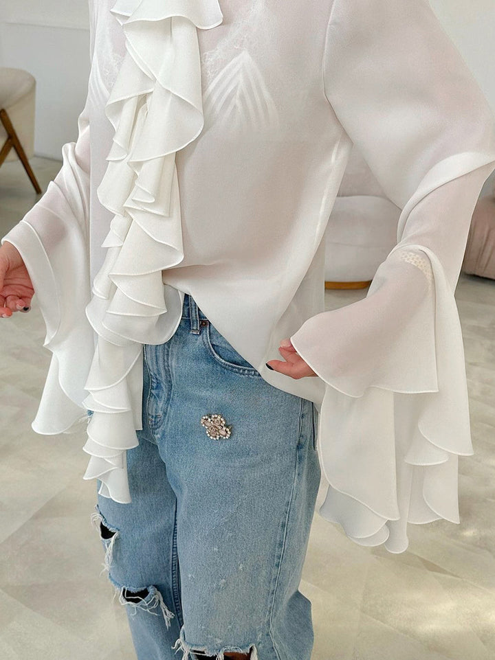 Crew Neck Bell Sleeve Sheer Chiffon Waterfall Ruffle Blouse