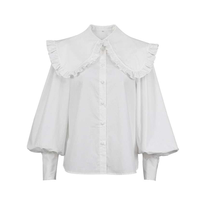 Court Style Pleated Doll Neck Cotton Shirt