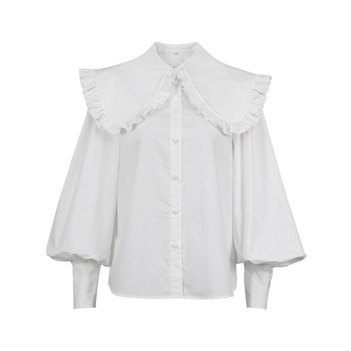 Court Style Pleated Doll Neck Cotton Shirt