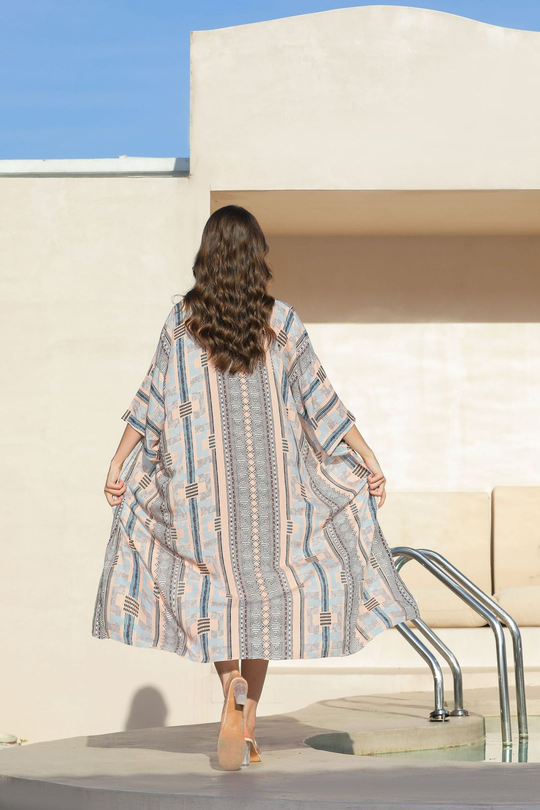 Retro geometriskt etniskt tryck Öppen främre slits Duster Kimono