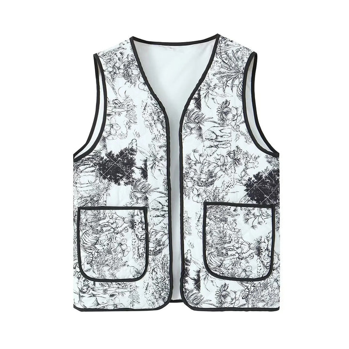 Gilet matelassé à imprimé floral patchwork vintage avec poche