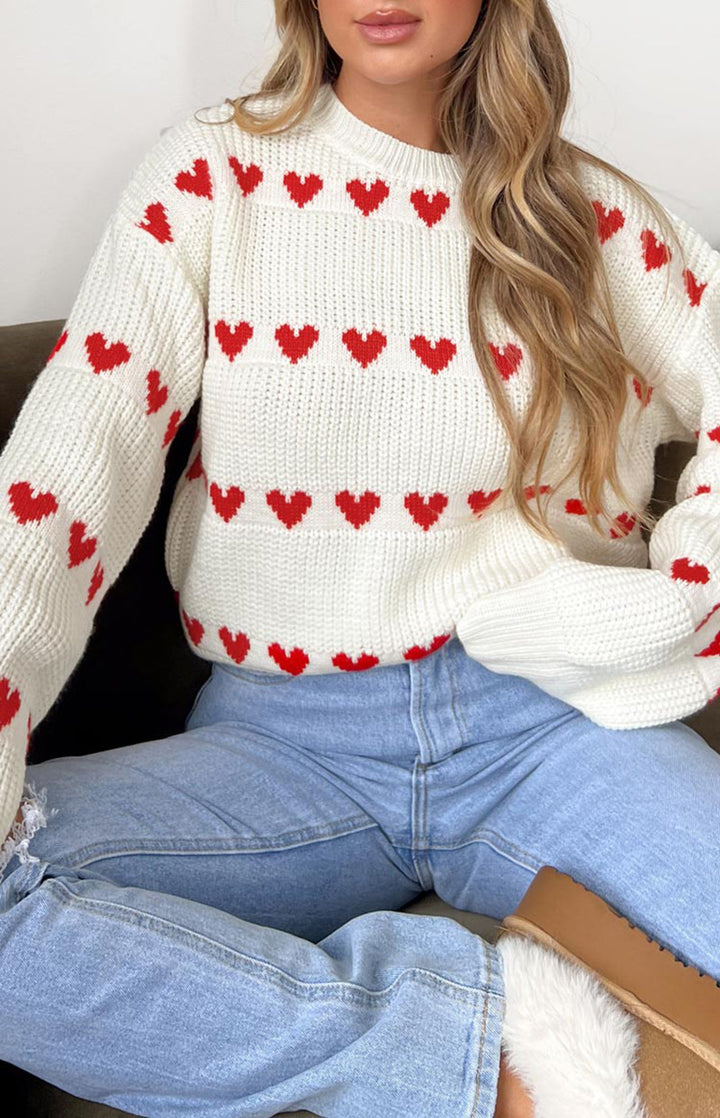 Lovey – Roter Strickpullover mit Herz-Streifen