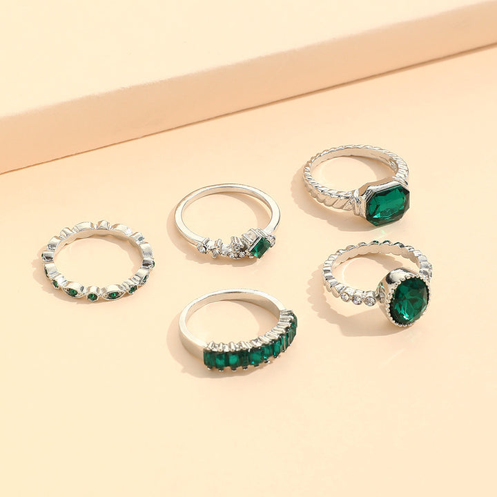 Imitation Emerald Diamond Ring Set 5 Pcs