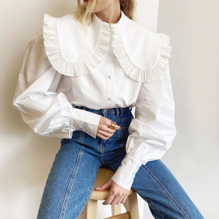 Court Style Pleated Doll Neck Cotton Shirt