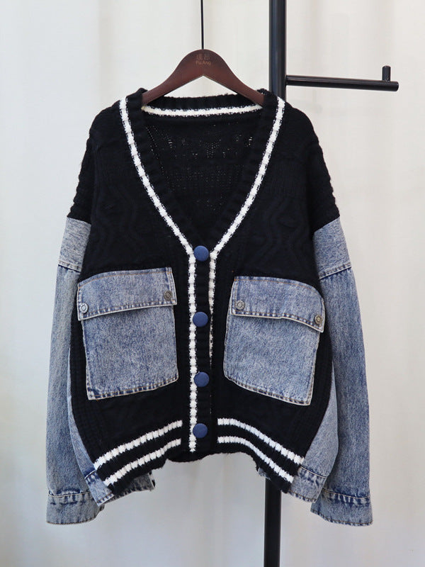 Unique Denim Patchwork Cable Knitted Cardigan