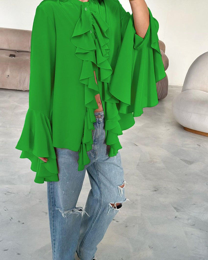 Crew Neck Bell Sleeve Sheer Chiffon Waterfall Ruffle Blouse