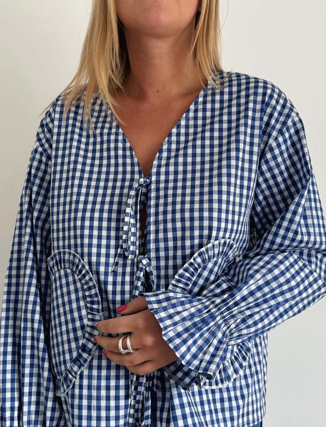 Flared Sleeve Ruffled Edge Heart-Shaped Lace-Up Plaid Shirt