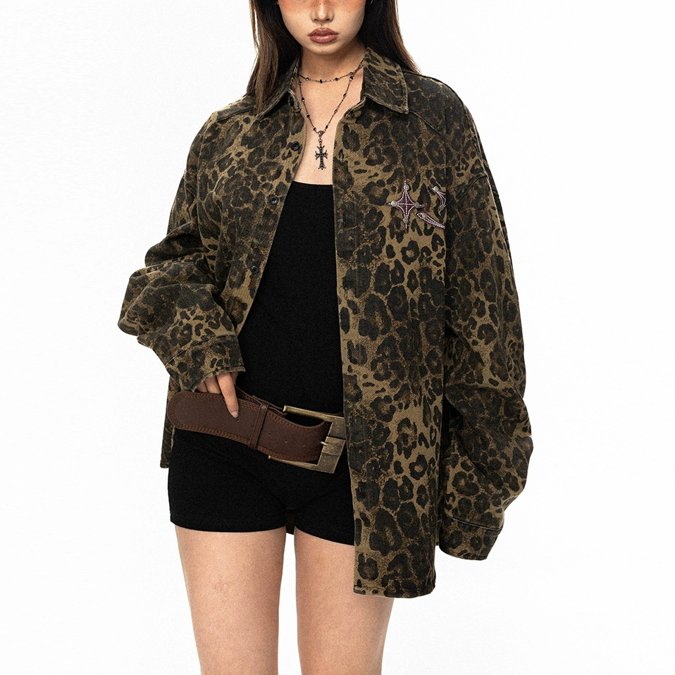 Lovers' Flat Nitar Dekorera Leopard Print Jacka