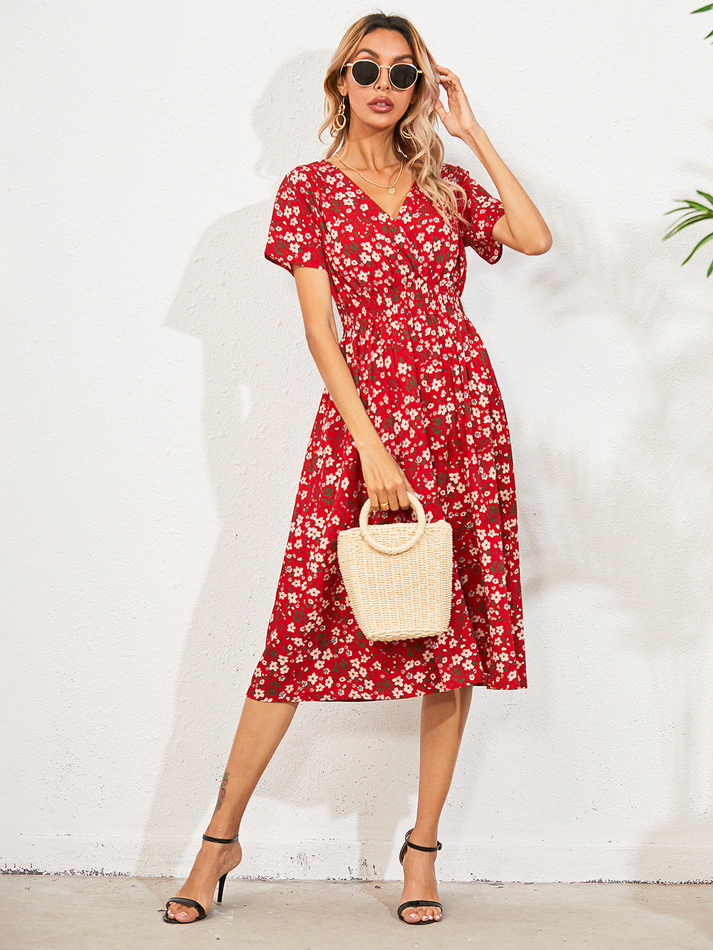 Fashion Casual Small Floral Short-sleeved Midi Dresses