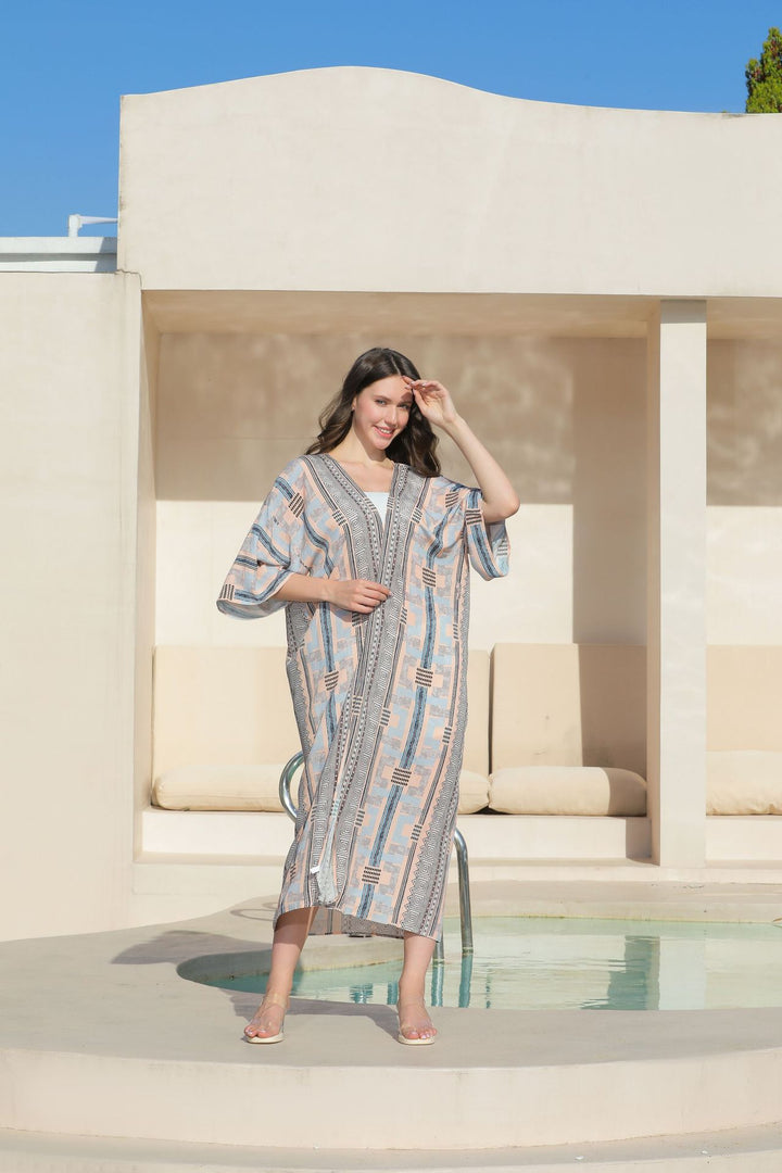 Retro geometriskt etniskt tryck Öppen främre slits Duster Kimono