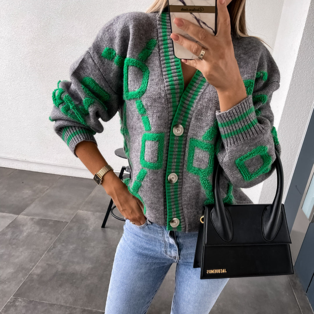 V-Neck Casual Color Contrast Knit Cardigan