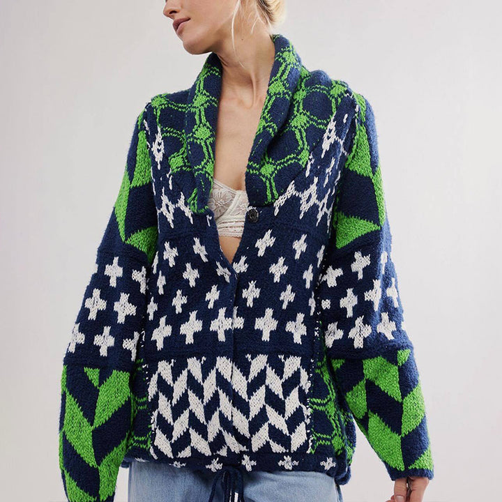 Collared Neck Geometric Pattern Long Sleeve Cardigan