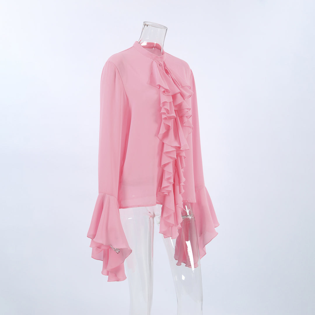 Crew Neck Bell Sleeve Sheer Chiffon Waterfall Ruffle Blouse