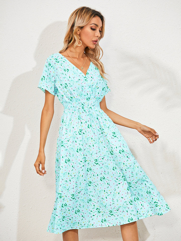 Fashion Casual Small Floral Short-sleeved Midi Dresses