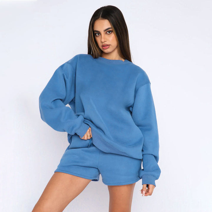 Nude Solid Color Casual Loose Pullover Hoodie Shorts Set