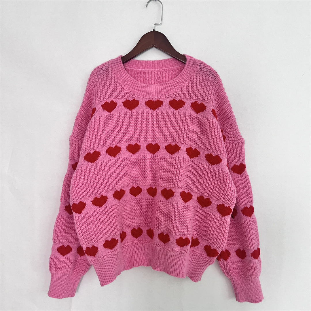 Lovey – Roter Strickpullover mit Herz-Streifen