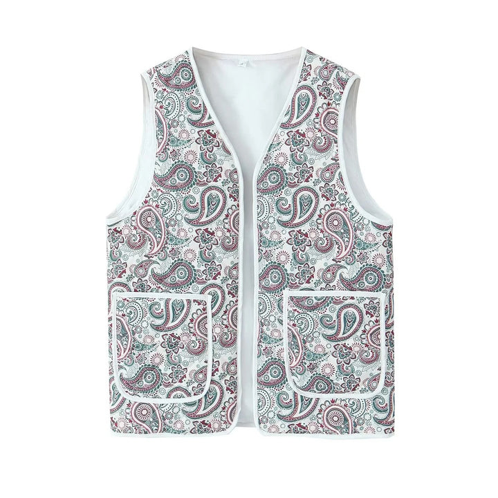 Gilet matelassé à imprimé floral patchwork vintage avec poche