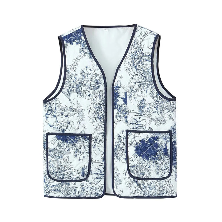 Gilet matelassé à imprimé floral patchwork vintage avec poche