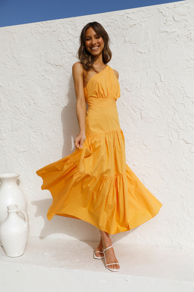 Flowy One Shoulder Tiered Beach Vacation Midi Dress