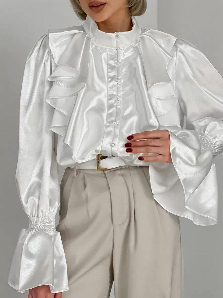 Elegant Pleated Flared Sleeve Pearl Button Shirt