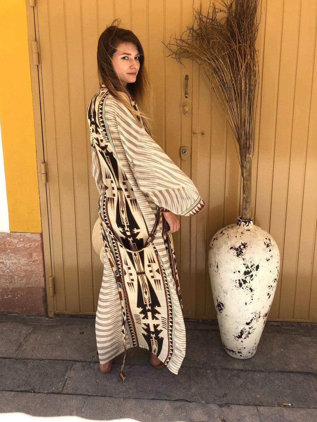 Retro geometriskt etniskt tryck Öppen främre slits Duster Kimono