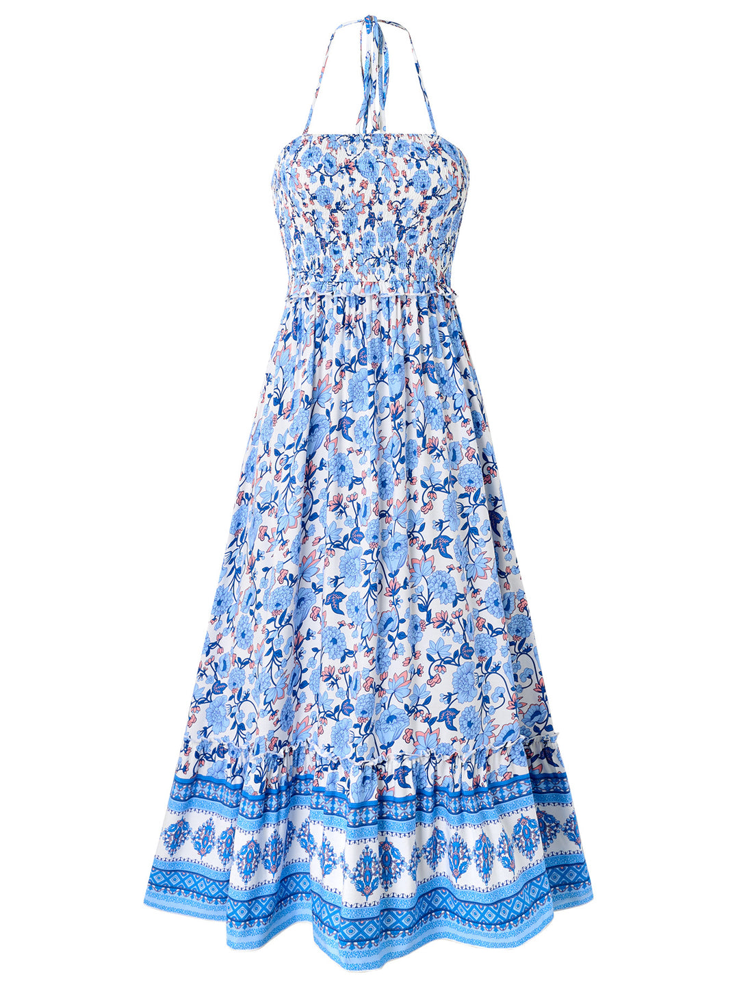 Floral Print Smocked Chest Halter Neck Midi Dress