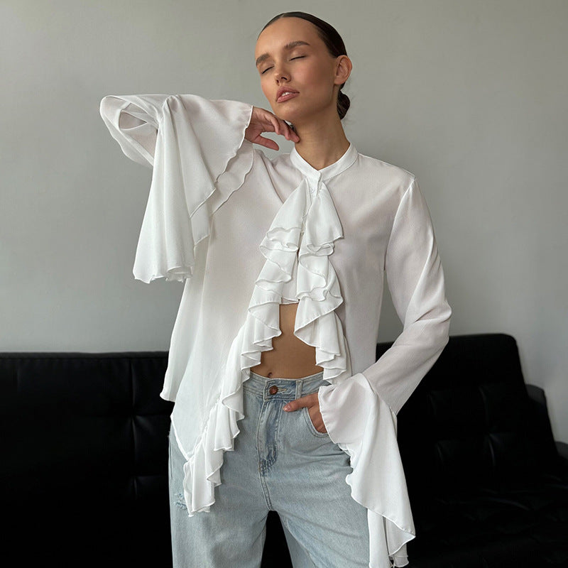 Crew Neck Bell Sleeve Sheer Chiffon Waterfall Ruffle Blouse