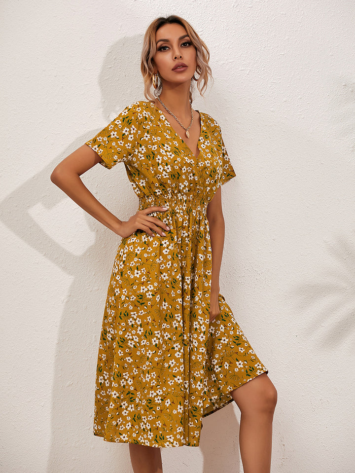 Fashion Casual Small Floral Short-sleeved Midi Dresses