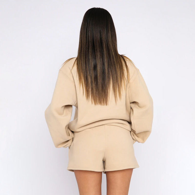 Nude Solid Color Casual Loose Pullover Hoodie Shorts Set