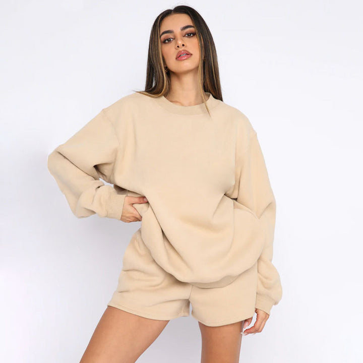 Nude Solid Color Casual Loose Pullover Hoodie Shorts Set