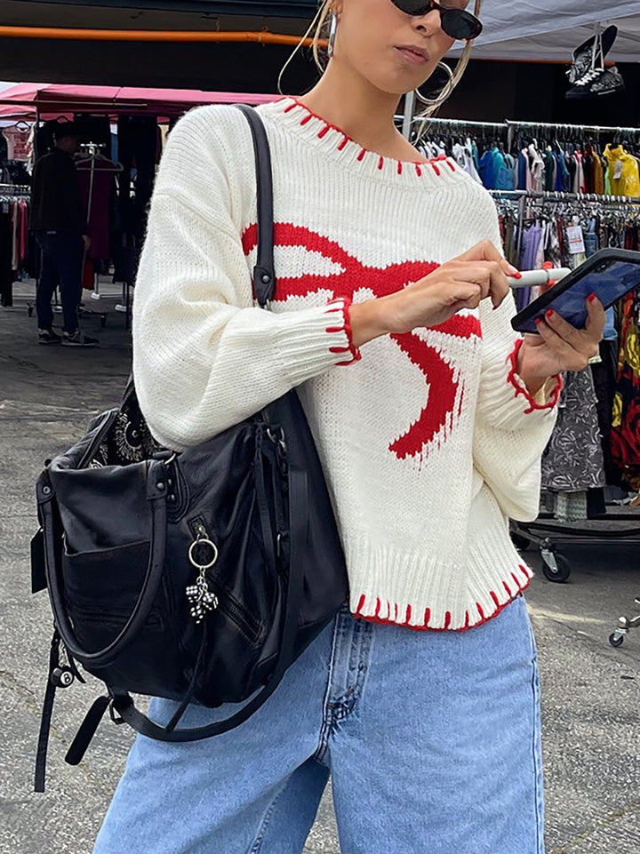 Cream Red Bow Knitted Sweater