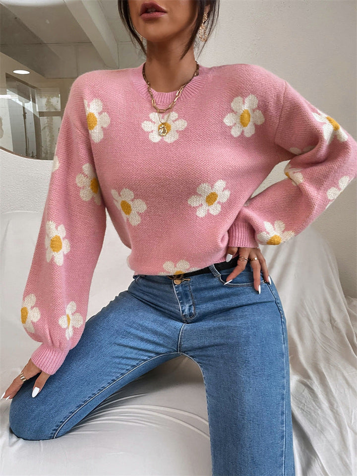 Jacquard-Strickpullover mit Blumenmuster und Rundhalsausschnitt für Damen