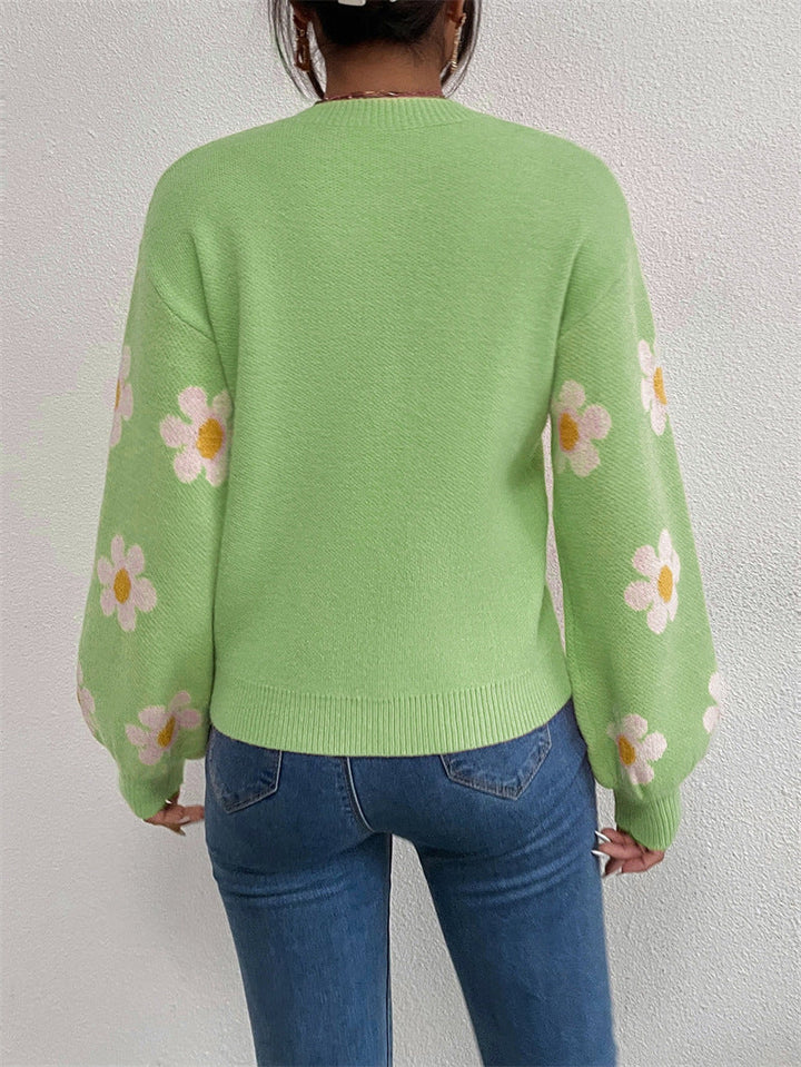 Jacquard-Strickpullover mit Blumenmuster und Rundhalsausschnitt für Damen