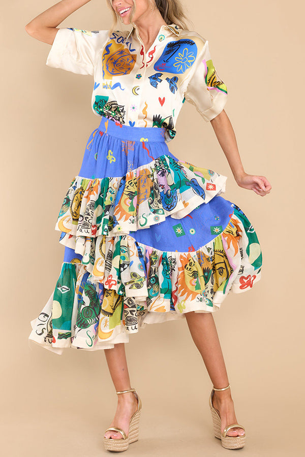 Sandy Sunshine Unique Print Irregular Ruffles Tiered Midi Skirt