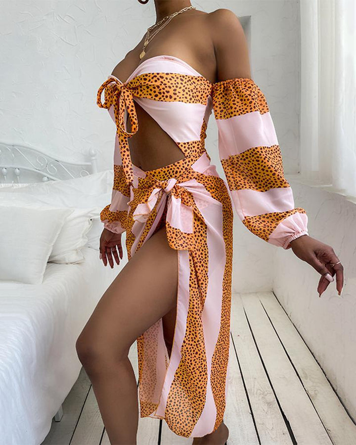 Striped Spots Print Long Sleeve Bikini Swimsuit Two-piece Suit